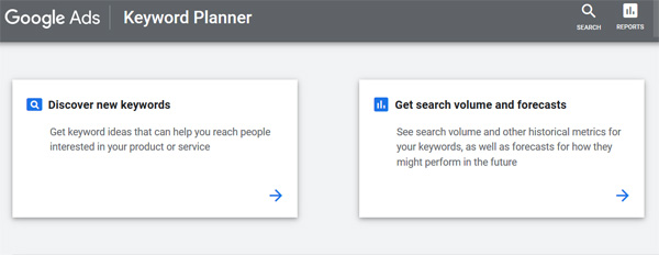 keyword planner tool main page